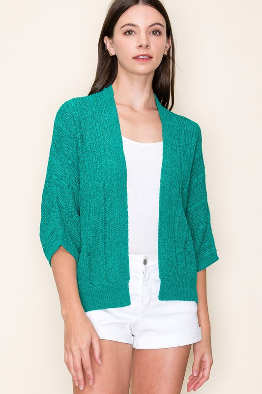 Pointelle 3/4 Sleeve Open Cardigan