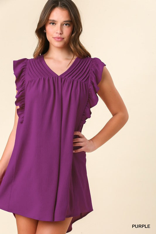Solid V-Neck Pleat Detail Shift Dress
