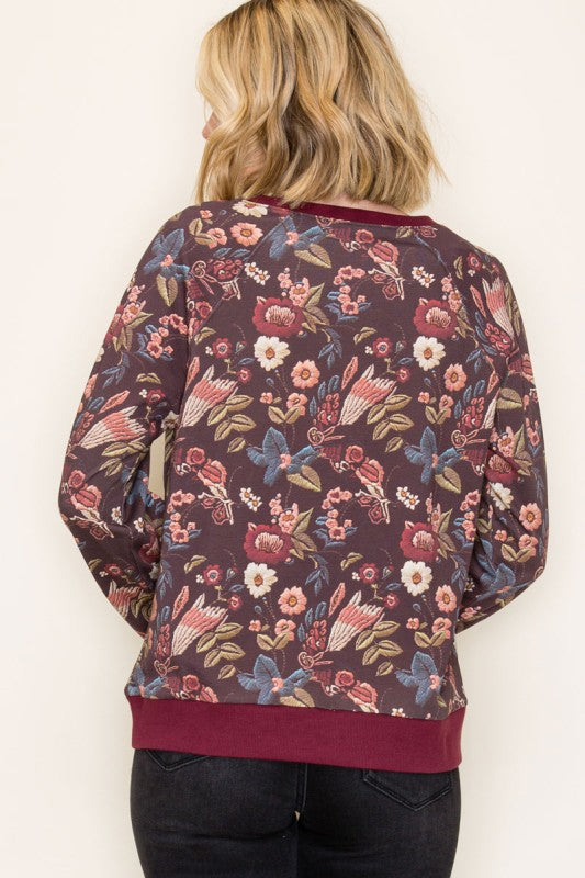 Floral Terry Pullover Sweatshirt-Burgundy