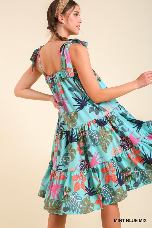 Sleeveless Tie Shoulder Tropical Floral Tiered Dress