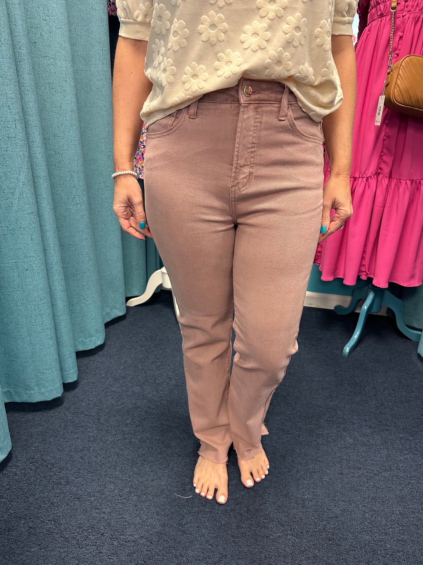 High Rise Side Slit Raw Hem Straight Denim-Mauve