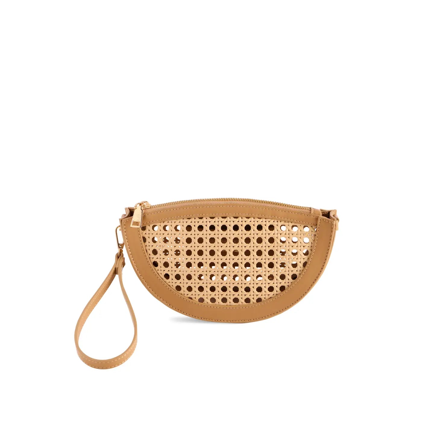 Perforated Rattan 1/2 Moon Handbag-Tan