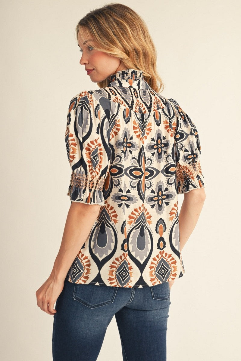 Boho Smocked Sleeve & Neck Button Down Top