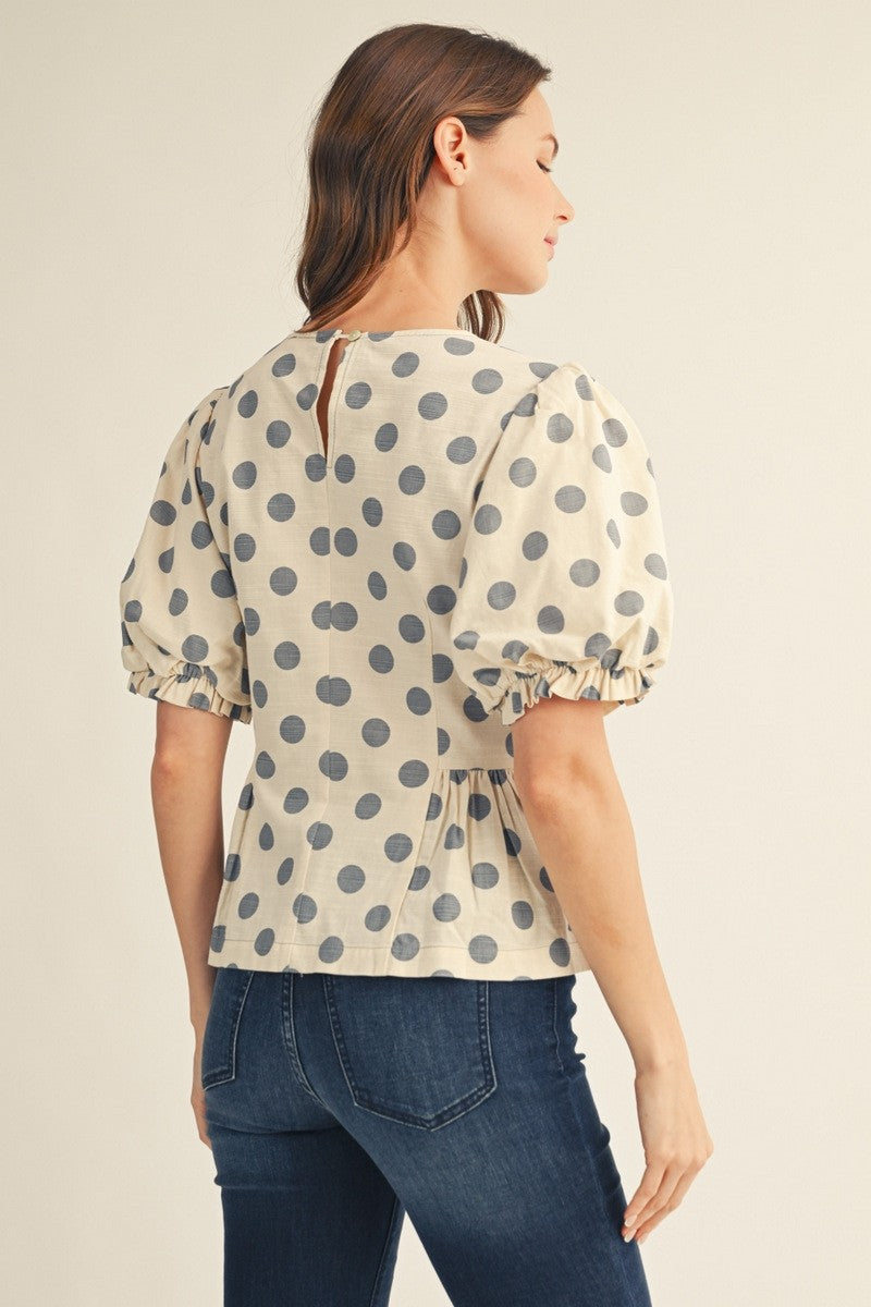 Polka Dot Puff Sleeve Side Pleat Top-Blue