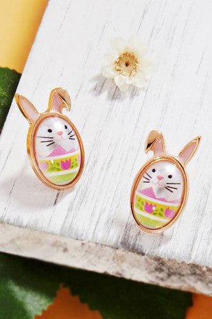 Oval Pearl Bunny w/Ears Stud Earring