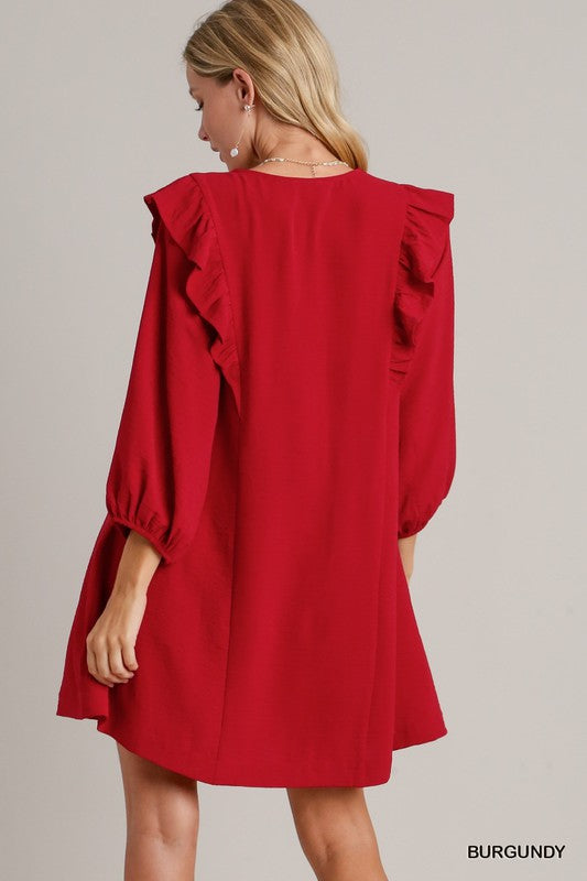 Solid V-Neck Ruffle Pleat Detail Balloon Sleeve Dress
