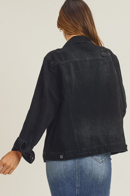 Relaxed Fit Trucker Denim Jacket-Black