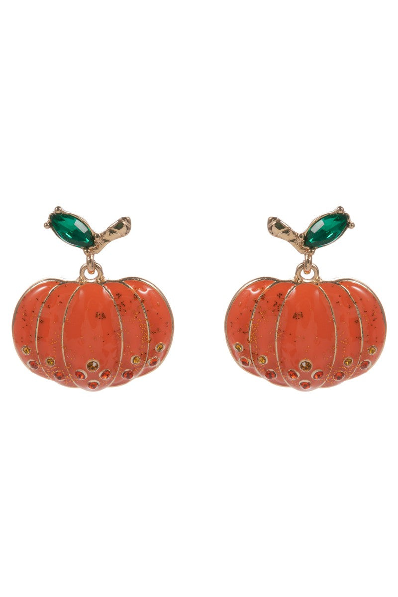 Enamel & Rhinestone Pumpkin Drop Earring-Orange