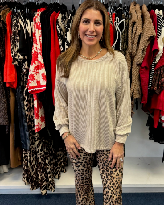 Solid Ribbed Crew Neck Long Sleeve Top