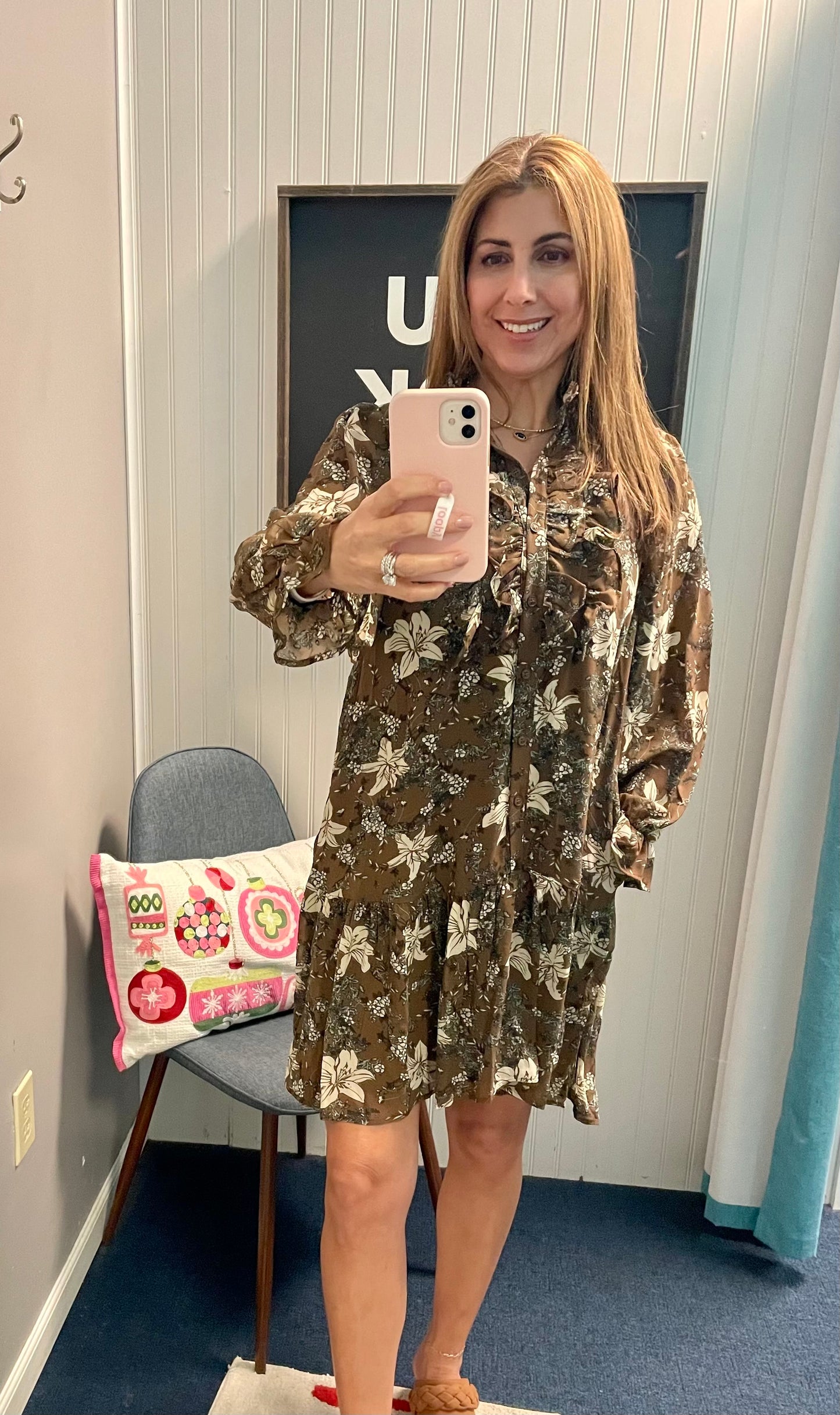 Floral Button Ruffle Placket Long Sleeve Dress-Brown