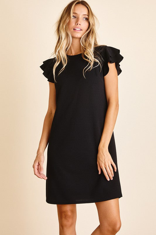 Solid Double Ruffle Sleeve Shift Dress