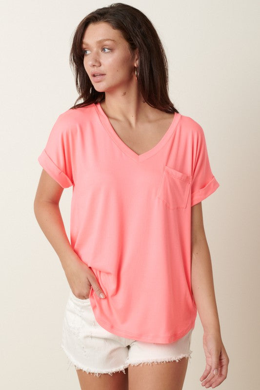 Solid V-Neck Cuffed Sleeve Pocket Top