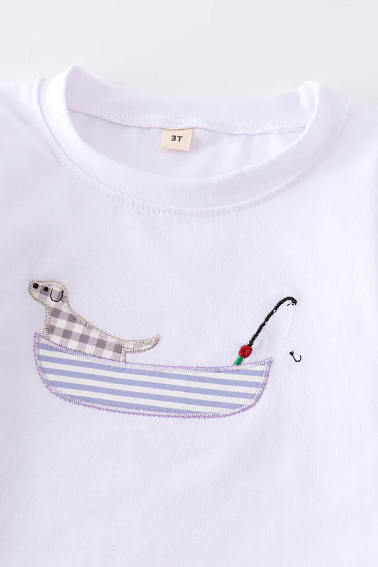 White Dog Fishing Embroidery Short & Shirt Set