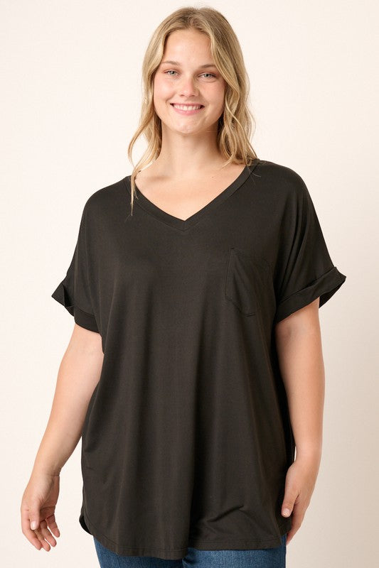 Solid V-Neck Cuffed Sleeve Pocket Top