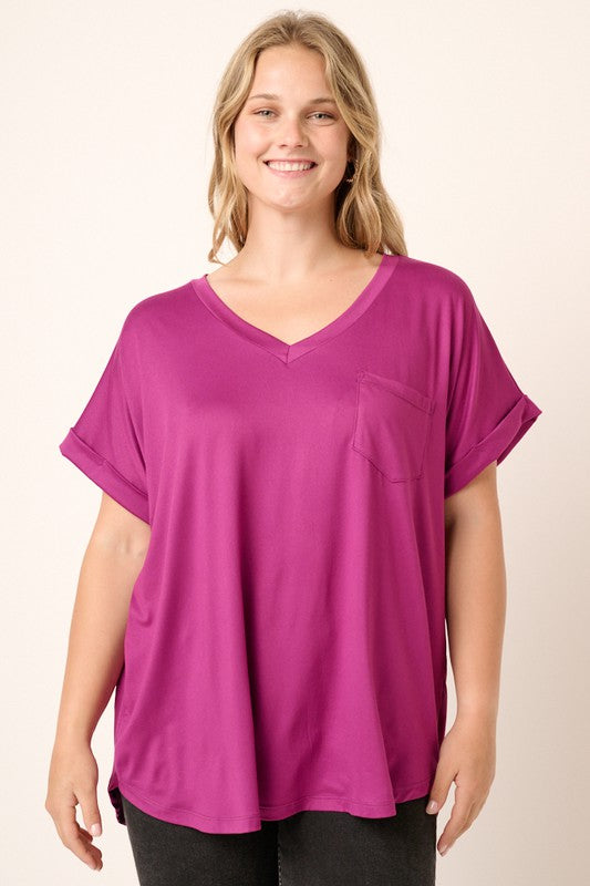 Solid V-Neck Cuffed Sleeve Pocket Top