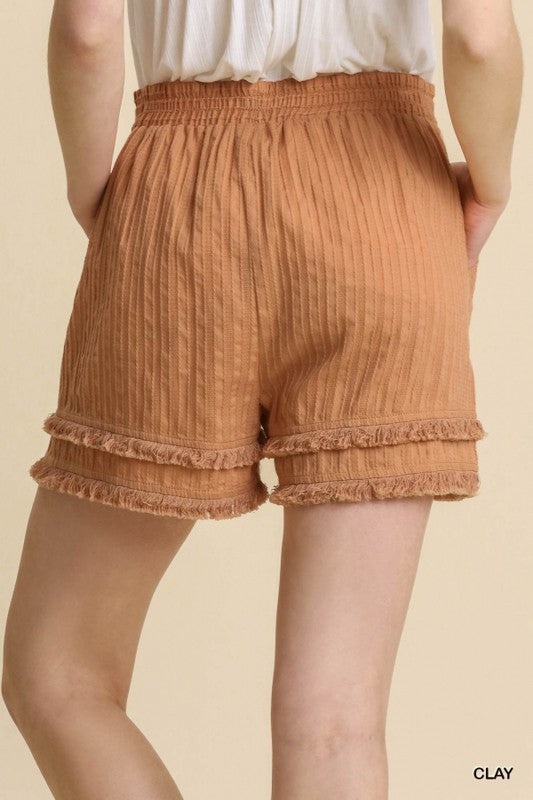 Elastic Waist Double Fray Hem Shorts