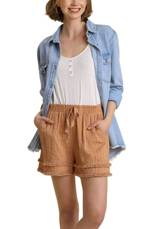 Elastic Waist Double Fray Hem Shorts