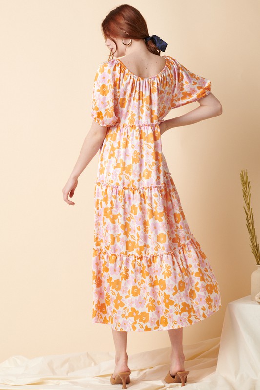 Satin Floral Tiered Puff Sleeve Maxi Dress