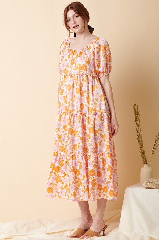 Satin Floral Tiered Puff Sleeve Maxi Dress