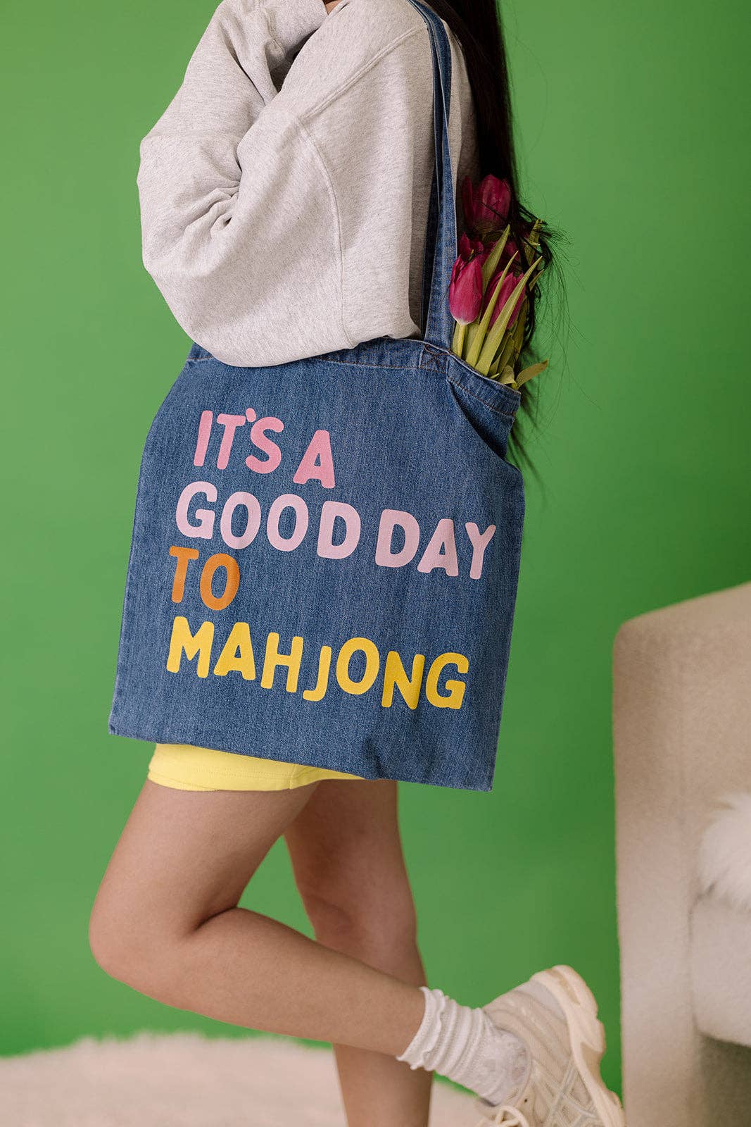 It's a Good Day to Mahjong Denim Tote by Girl Tribe