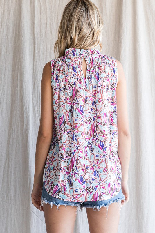 Floral Sleeveless Smocked Yoke Top
