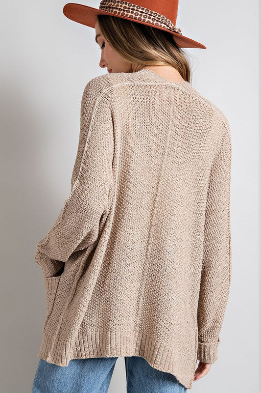 Solid Loose Weave Open Front Pocket Cardigan