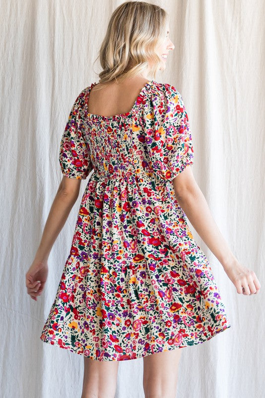 Floral Square Neck Smocked Back Tiered Dress- Cream