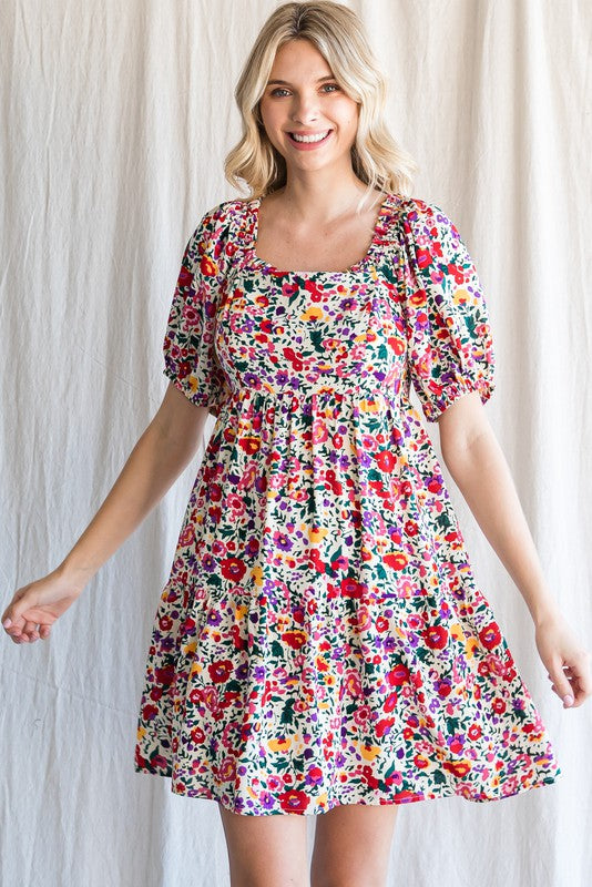Floral Square Neck Smocked Back Tiered Dress- Cream