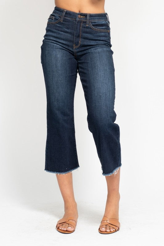 High Waist Cropped Wide Leg Fray Hem Denim - Dark