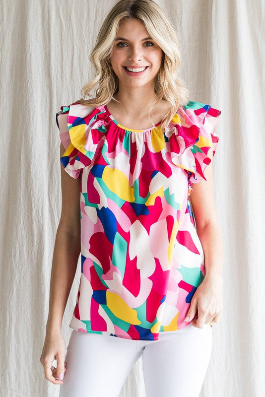 Geo Spots Layered Ruffle Sleeve Top- Mixed
