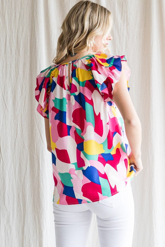 Geo Spots Layered Ruffle Sleeve Top- Mixed