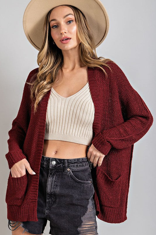 Solid Loose Weave Open Front Pocket Cardigan