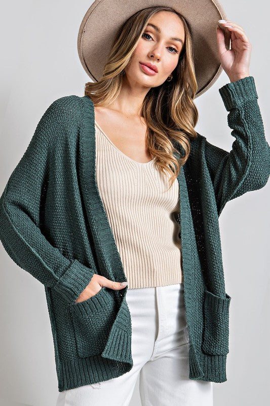 Solid Loose Weave Open Front Pocket Cardigan