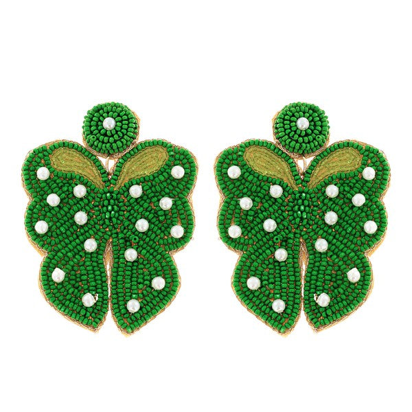 Pearl Bow w/Tails Beaded Earring-Green