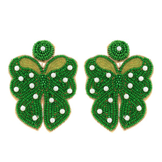 Pearl Bow w/Tails Beaded Earring-Green