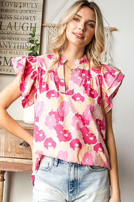 Floral Split Neck Flutter Sleeve Top- Pink