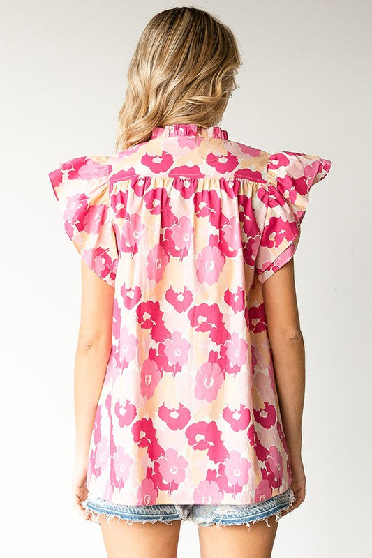 Floral Split Neck Flutter Sleeve Top- Pink