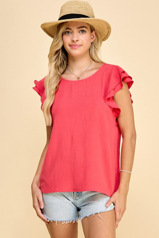 Solid Scoop Neck Double Ruffle Sleeve Top