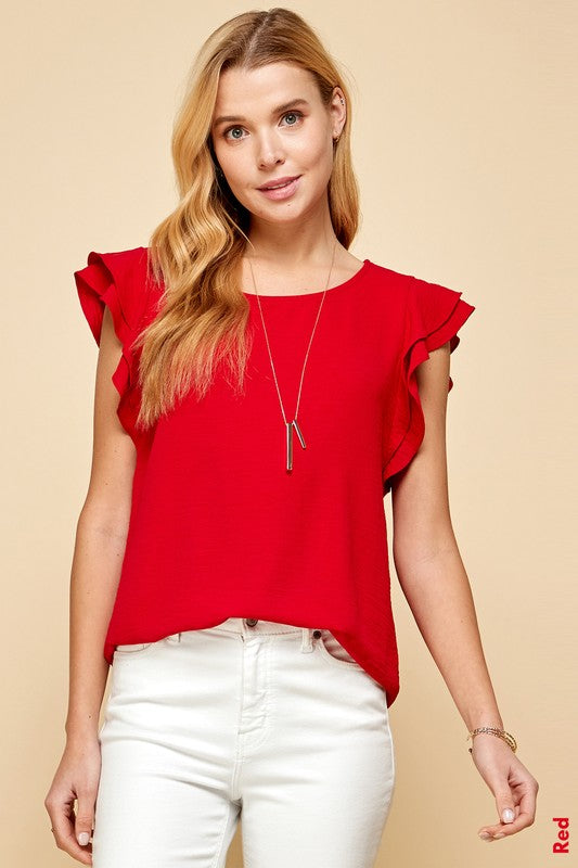 Solid Scoop Neck Double Ruffle Sleeve Top
