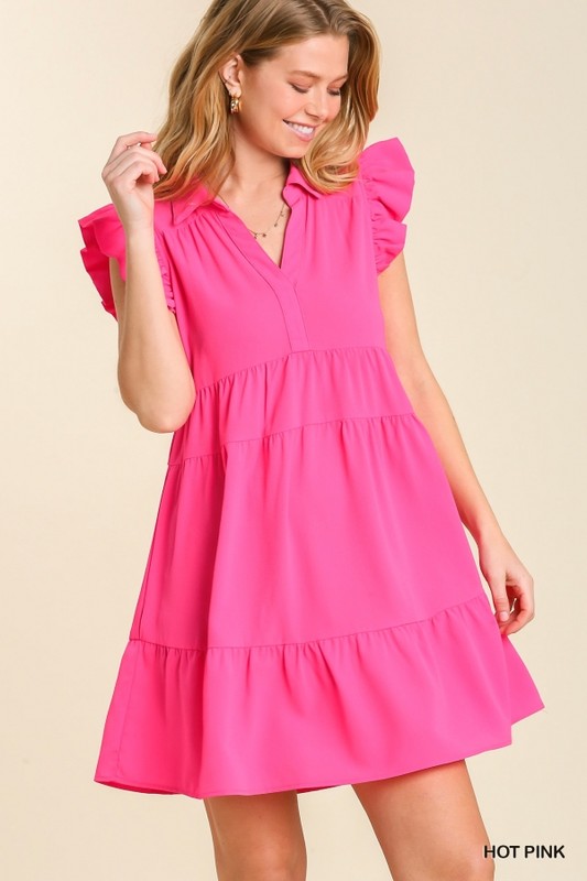 Solid Collared Flutter Sleeve Tiered Dress