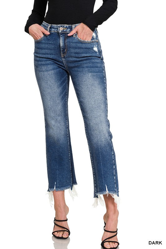Kick Crop Flare Raw Hem Denim-Dark
