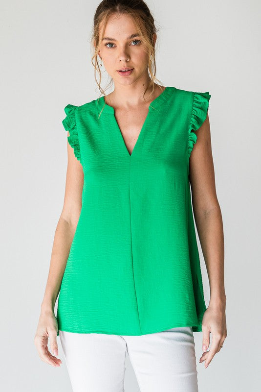 Solid V-Neck Ruffle Cap Sleeve Top