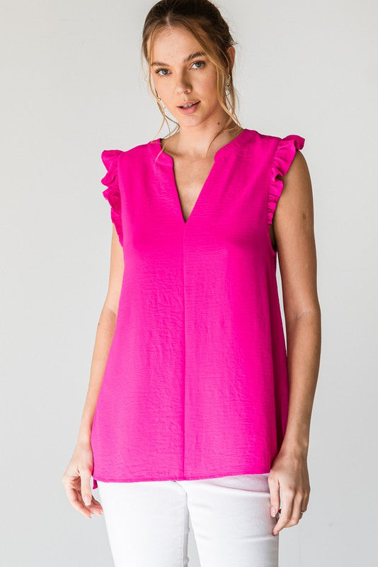 Solid V-Neck Ruffle Cap Sleeve Top