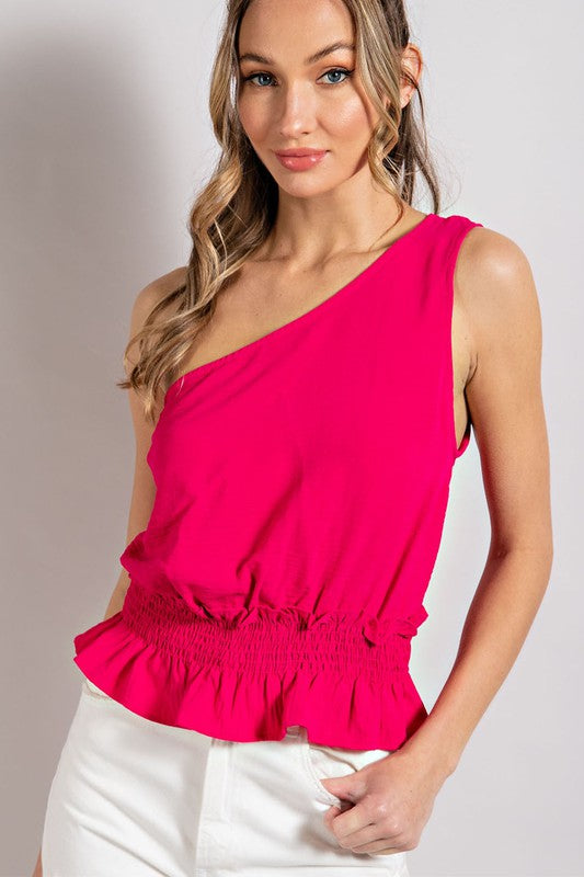 Solid Asymetrical Shoulder Ruffle Cinch Waist Top