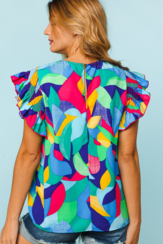 Geo Print Ruffle Smocked Sleeve Top-Blue