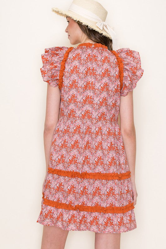 Floral Poplin Ruffle Trim Tiered Dress-Rust