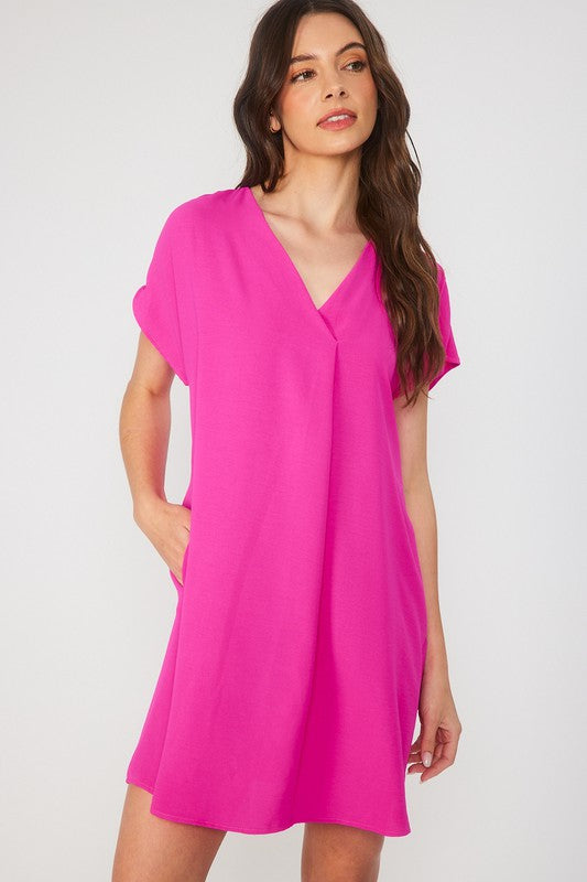 Solid V-Neck Front Pleat Short Sleeve Dress- Fuchsia