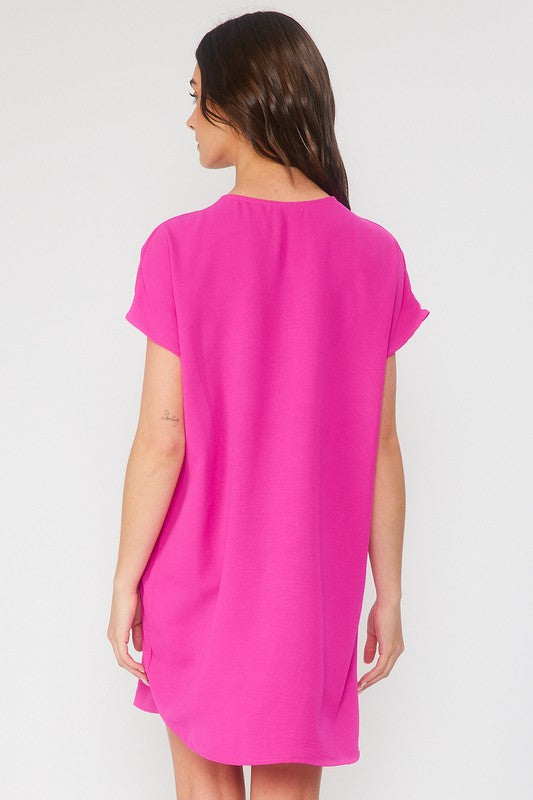 Solid V-Neck Front Pleat Short Sleeve Dress- Fuchsia