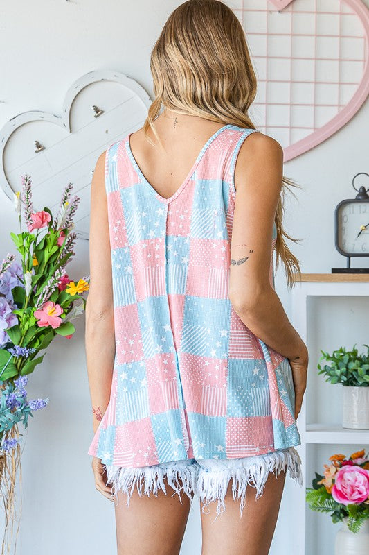Flag Patch V-Neck Sleeveless Top W/ Stitch Detail- Red