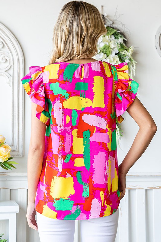 Paint Splash V-Neck Ruffle Sleeve Top- Multi